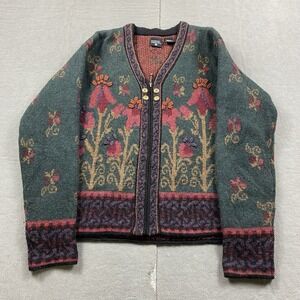 Vintage Nordic Design Sweater Womens Small Green Wool Floral Zip Up Comfort